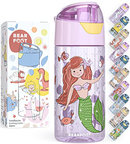 BEARFOOT Trinkflasche Kinder 450ml, leichte Tritan Wasserflasche, BPA frei, auslaufsicher, Kohlensäure geeignet, spülmaschinenfest für Jungen, Mädchen, Kindergarten - (Lila - Meerjungfrau)