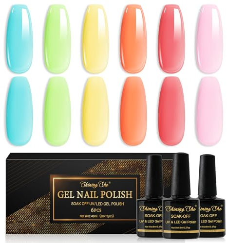 Shining She Jelly Gel Nail Polish, 6 Color Blue Green Pink Sheer Transparent Nail Polish Soak-Off UV/LED Gel Polish Gift for Nail-Art Salon DIY Home, 8ML