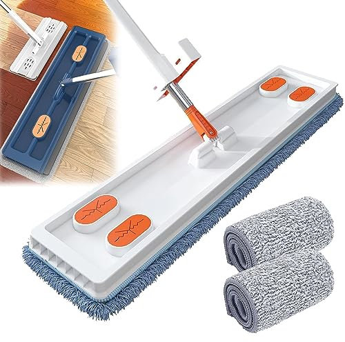 Großer Bodenwischer Flacher Wischmopp 360°Drehgelenk Bodenwischer Set Flachmopp mit 2 Wischpads Wiederverwendbaren Mikrofaser Wischpads für Flächen Bodenreinigung Senden Schaber (Blau)
