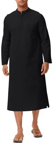 LVCBL Herren Thobe Langarm Kaftan Herren V-Ausschnitt Rollärmel Kaftan Schwarz 2XL