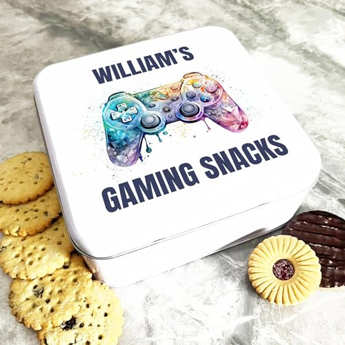 Square Watercolour Gaming Snacks Controller Personalised Treat Tin - Custom Gift For Her Or Him - Cake, Biscuit & Treat Tins