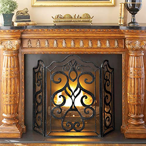Grille de protection de cheminée en fer forgé - 3 panneaux - 93 cm de haut - Portable et pliable - Noir