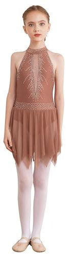 Freebily Kinder Mädchen Tanzkleid Ärmellos Glitzer Eiskunstlauf Kleid Neckholder Tanz Trikot Ballett Body Leotard Latin Lyrische Tanzkleidung Ballettkleidung Braun_A 146-152