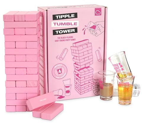 Bubblegum Stuff - Tipple Topple Tower – Das ultimative Trink- und Dares-Block-Stacking-Spiel – Enthält 54 rosa Blöcke und 4 Schnapsgläser – ab 18 Jahren, BG2216