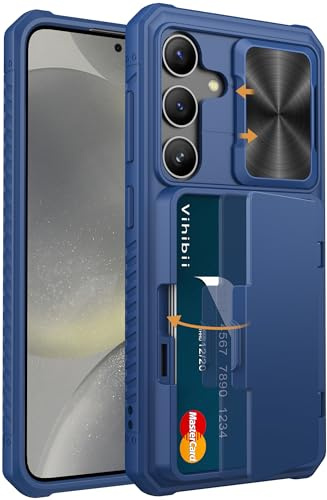 Vihibii for Samsung Galaxy S24 Wallet Case with Card Holder (4 Cards), Blue | Slide Camera Protective Cover & Kickstand, Heavy Duty, Shockproof, Rugged Phone Case for Samsung Galaxy S24 5G 6.2 2024