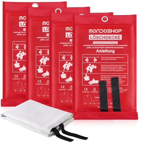 Mondoshop Coperta antincendio DIN EN 1869:2019-100 x 100 cm coperta antincendio camper casa con manici in cotone ignifugo, coperta ignifuga per campeggio, cucina, barbecue, camino, ufficio, 4 pezzi