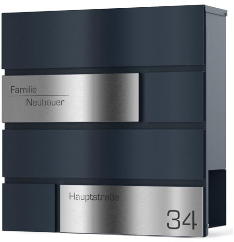 Graviers Design Briefkasten mit Zeitungsfach in Anthrazit RAL 7016 - Lasergravur Postkasten personalisiert Edelstahl Name Straße Hausnummer - Wandbriefkasten Briefbox mit Schloss Design 1