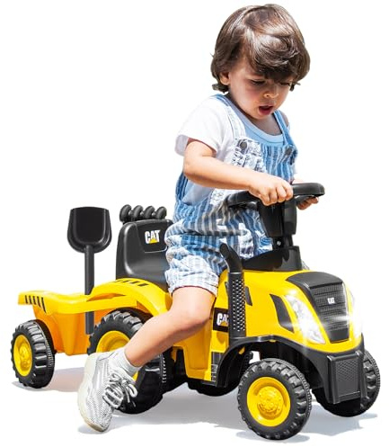 GOPLUS Kinder Rutschtraktor, Rutschauto mit abnehmbarem Anhänger, Hupe, Motorgeräuschen, LED-Leuchten, Rutscher Traktor ohne Antrieb mit Rechen & Schaufel für Kinder ab 1 Jahr