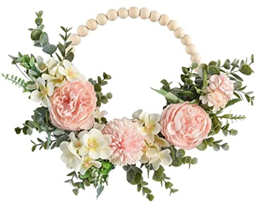 Wood Bead Floral Wreath Artificial Flower with Eucalyptus Leaves Hanging Hoop Wreath for Wedding, Home Decor