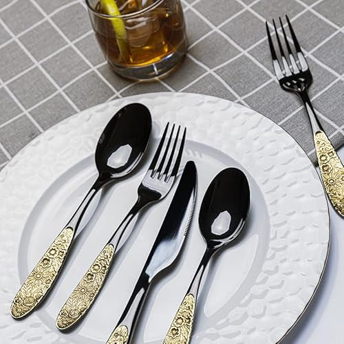 Tafelbesteck für 6 Personen, Edelstahl, 30-teilig, europäisch, hochglanzpoliert, Vintage, spülmaschinenfest, Schwarz