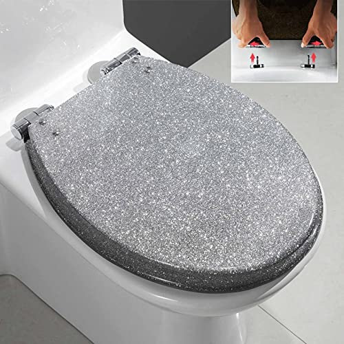 Toilet seat Soft Close Toilet seat Black Toilet Seat Cover, Toilet Seat Glitter Toilet Seat Slow Close Toilet Seat Round, Top/Bottom-Fixed, Quick Release Easy Installation and Cl，Silver