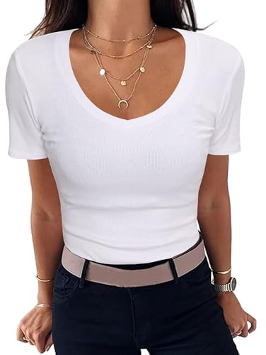 Aottori T-Shirt Côtelé pour Femme Haut élégant à Manches Courtes et col V Tshirt Basique Coupe Ajustée Extensible Décontracté Été Blanc XXL