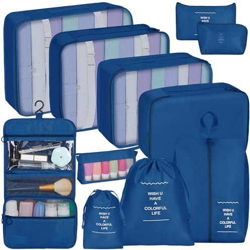 Coolzon Packing Cubes, Koffer Organizer Set mit 11 für Reise Wasserdicht Handgepäck Wäschesack Organizer für Schuhbeutel, Dunkelblau