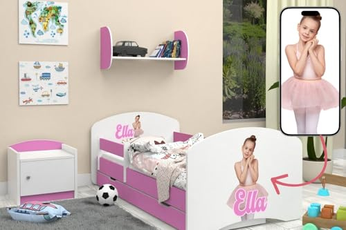 Happy Babies Kinderbett - mit Rausfallschutz Junge 140x70 Bett für Kinderzimmer mit Schublade & Matratze Einzelbett für Kinder Kinder Eigene Grafik - Namensfoto des Kindes (Rose)