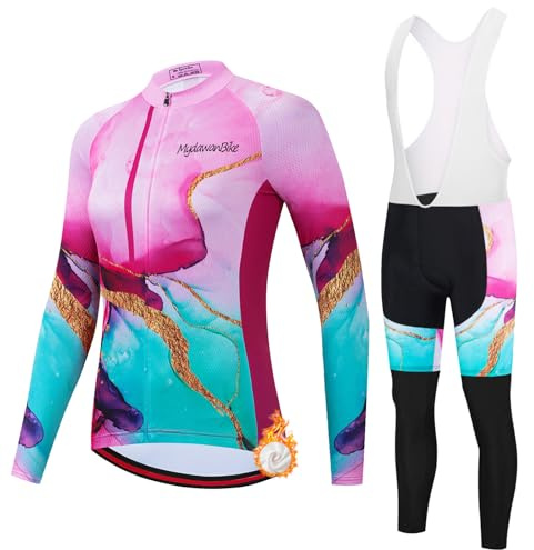 Maillot Cyclisme Femme Hiver,Vêtements Velo VTT Tenue Cycliste en Polaire Thermique Jersey Manche Longue et Cuissard à Bretelle avec 19D Coussin Gel,Ensemble Combinaisons de Cycling Respirant(14,M)