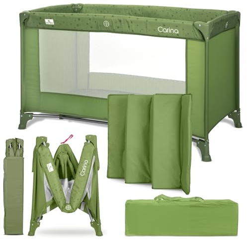 Lorelli Baby Reisebett, 2 in 1 Babybett und Laufstall Carina, Kinderbett ab Geburt bis 15 kg, Faltbar inkl. Transporttasche, Grün