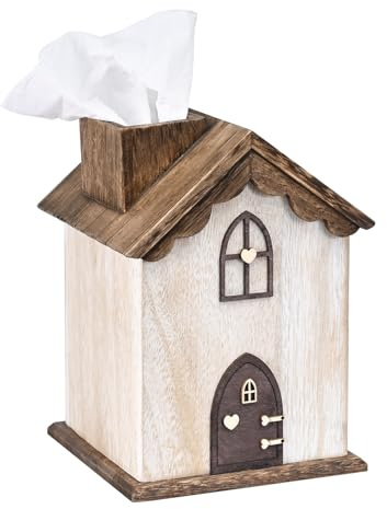 Ikee Design Farmhouse Wooden Square Tissue Box Cover, House-Shaped Decorative Tissue Holder for Bathroom, Bedroom, Living Room, Brown Color, 5.8W x 5.8D x 8.2H in