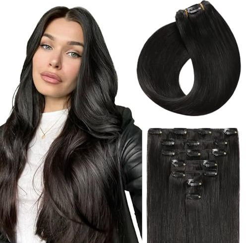 Sunya Clip in Extensions Echthaar Natürliches Schwarz 35cm 70g | Invisble Glatt Haar Skin Weft, Für Feines, Normales Haar, Remy Echthaar,Clip-In Extensions, Mehr Volumen