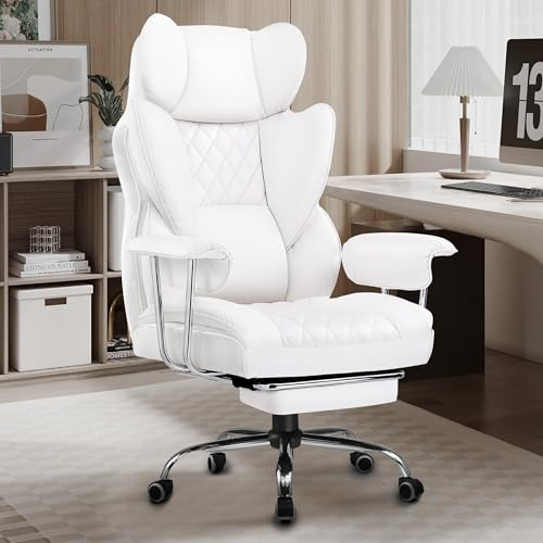 LUCKRACER Executive Office Chair, Big and Tall Ergonomic Desk Office Chair with Footrest, Height Adjustable 360°-Swivel Reclining PU Computer Chairs White