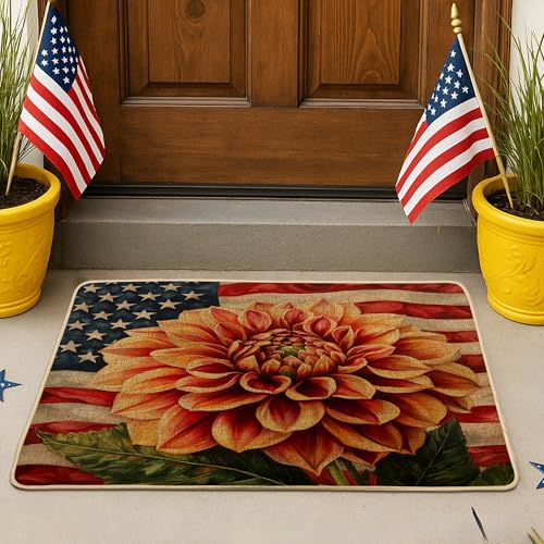 Paillasson motif drapeau de l'Amérique, dahlia orange pour le printemps et l'été, décoration vintage pour extérieur et intérieur, caoutchouc imperméable, antidérapant, facile à nettoyer, 73,6 x 43,2