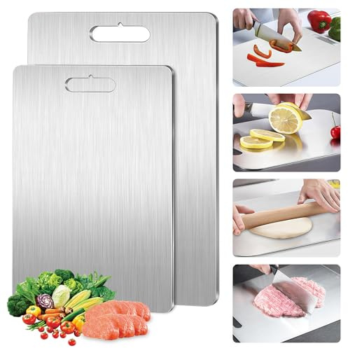 2 Pièces Planche à Découper en Titane, 316 Planche de à Decouper en Acier Inoxydable, Titanium Cutting Board Double Face pour Fruits, Viande, Fromage et Légumes (34 * 23 cm+25 * 15 cm)