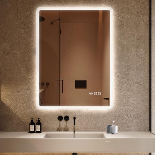 Ratsamee Badezimmerspiegel mit Beleuchtung LED, 60x80cm Spiegel mit Light, Wandspiegel mit Frontbeleuchtung, Antibeschlag, Dimmbar, mit 3 Einstellbaren Lichtfarben