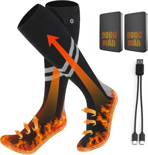 Calze Riscaldate a Batteria Ferdiiz, 2 set 9000mAh/5V Max. 18 Ore Inverno Ricaricabili Calzini USB Riscaldati Scaldapiedi Elettrico Calze al ginocchio con 3 Temperature per l'intero Plantare