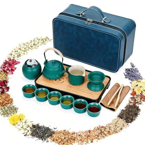 TeamSky Japanese Ceramic Tea Set, 14Pcs Portable Chinese Gongfu Tea Ceremony Kit with Infuser, Teapot, Cups, Fair Cup, Tea Strainer, Travel Bag - Complete Set for Tea Lovers, Home, Office, Travel