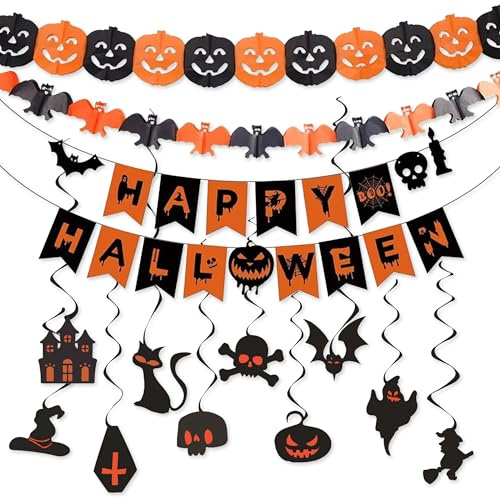 14 Piezas Adultos Decoración de Halloween, Guirnalda Banderinas Espirales Colgantes Decoracion, Adultos Calabaza Murciélagos Guirnaldas para Halloween Decor en Interiores y Exteriores