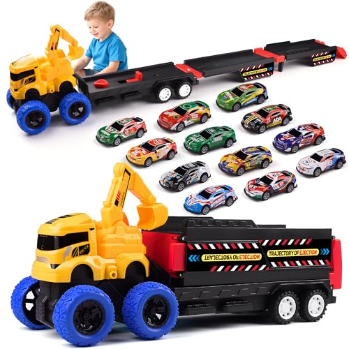 Havnidy Trasporto Truck auto giocattolo per ragazzi 3, 4, 5, 6 anni, pieghevole, con 12 auto ritirate, giocattolo da costruzione, regalo per compleanni e Natale