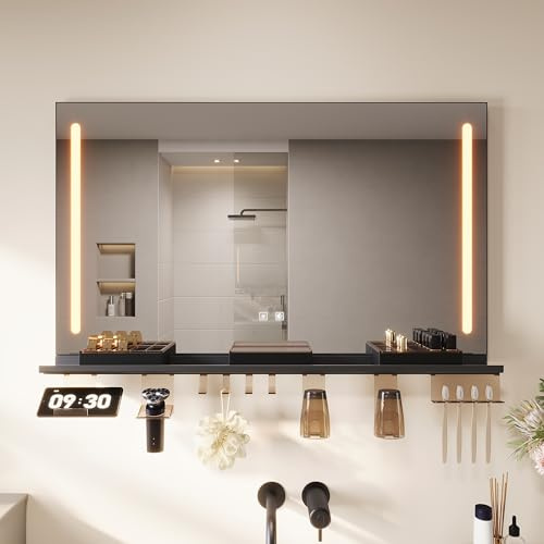 SONNI Badezimmerspiegel mit Beleuchtung 100x60 cm, Offenes Regal (inkl. Handyhalter), Touchsensor, 3 Lichtfarben, Anti-Beschlag & Standby-Memory – Ideal für Gästezimmer und Ferienwohnungen