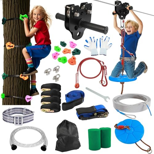 FAHKNS 120FT Zipline for Backyard Kids and Adults: Up to 400 lbs Updated Removable Design Trolley,Thickened Seat,Quick Tighten Zipline Kits for Outdoor