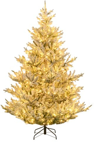 COSTWAY 210 cm Künstlicher Weihnachtsbaum mit Beleuchtung und Schnee, Tannenbaum mit warmweißen LED-Lichtern, 13 Modi, Timer, Einstellbarer Helligkeit, Christbaum, Kunstbaum Weihnachten für Zuhause