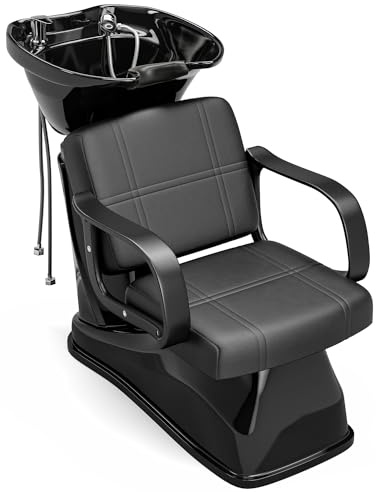 Icoget Professioneller Shampoonierstuhl mit Höhenverstellbarem Becken | Haarwaschbecken für Friseursalons & Barbershops | Ergonomischer Stuhl mit PU-Leder | Neigbares Becken aus PP-Kunststoff