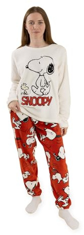 Peanuts Pigiama da Donna Snoopy a Maniche Lunghe e Gambe Lunghe Color Crema e Rosso in Pile con Motivo dei Personaggi dei Cartoni Animati | Perfetto per Il Comfort a casa o Prima di Andare a Letto