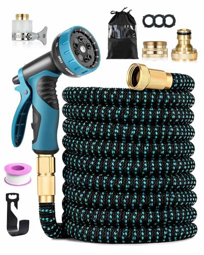 100FT/30M Expandable Garden Hose, Flexible Expandable Hose with 10-Pattern Spray Nozzle, 1/2 & 3/4 Fittings, 4-Layer Latex Core, Leak-Resistant Design for Gardening and Car Cleaning, Blue & Black