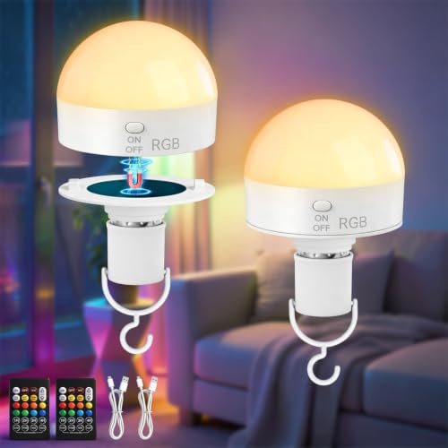 Kimjo E27 Lampadina Ricaricabile con Telecomando, 3 Colori & RGB, 2 Pezzi | Lampadina Ricaricabile con Batteria, USB, Dimmerabile, Lampadine Batteria, Magnetica Rimovibile Lampada da Campeggio Esterna