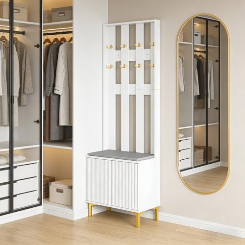 Coat Stand with Shoe Storage Bench – Hallway Hall Tree Unit with 8 Hooks & Cushion Seat, Coat Rack Organiser with Shoe Rack Shelf, Entryway Storage Furniture for Jackets, Bags & Boots (White)