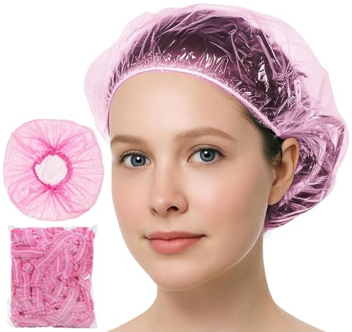 Einweg-Duschhauben, wasserdichte Haarkappen, Mehrzweck-Badekappen aus verdicktem Kunststoff, elastisch, für Frauen, Zuhause, Friseursalon, Spa, Reisen, Hotel, Dusche, Rosa, 50 Stück