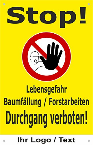 Absperr-Plane Absperr-Banner - Forst-Arbeiten Baum-fällung Durchgang verboten - mit Logo - 450x650mm mit Ösen – P00001-002-C-Logo - stabile PVC Werbe-Plane +++ in 4 Varianten erhältlich