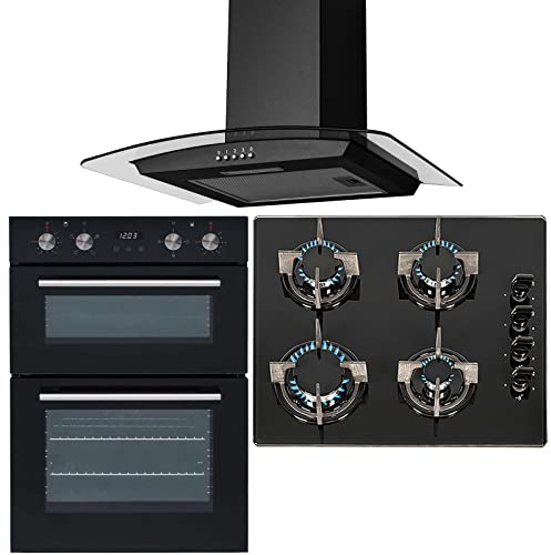 SIA 60cm Double Built In Electric Fan Oven, 4 burner Gas Hob & Curved Glass Hood