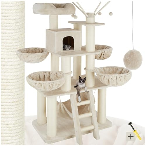 tectake Katzenbaum XXL, Kratzbaum groß, 195 cm, Kratzbaum deckenhoch, Kletterbaum mit Liegemulden, Hängematte, Treppe und Höhle, stabile Säulen mit Sisal, Spielbaum für Katzen - beige/weiß