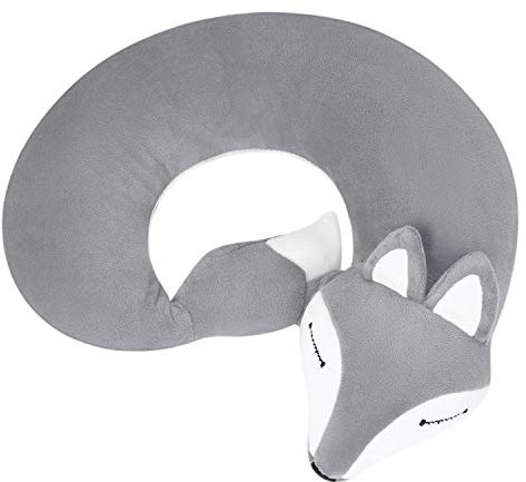 IBLUELOVER Cute Fox Travel Neck Pillow U-Shaped Cartoon Animal Neck Cushion Soft Comfortable Head Neck Support Rest Pillow for Airplane Car Camping Sleep and Office Snap (Grey)