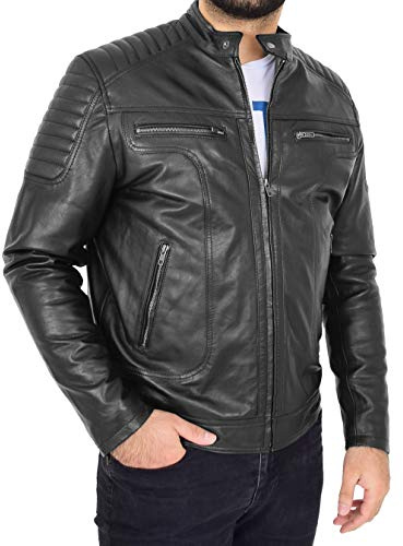 A1 FASHION GOODS Chaqueta de cuero negro suave de moda con cremallera para hombres - Rider