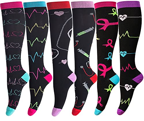 LEOSTEP Compression Socks for Men & Women (6Pair) Non-Slip Long Tube Ideal for Running,Nursing,Circulation & Recovery Boost Stamina, Hiking Travel & Flight Socks 20-30 mmHg
