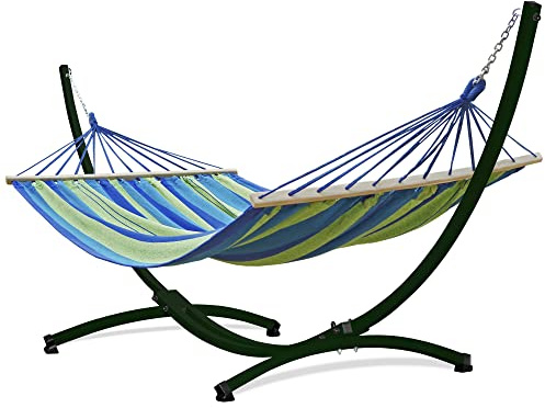 Potenza Outdoor Hängematte mit Gestell für 2 Personen I Stabhängematte XXL 220x160, 200kg I Hängemattengestell 220kg Wetterfest (Grün-Blau, Gestell Grün)