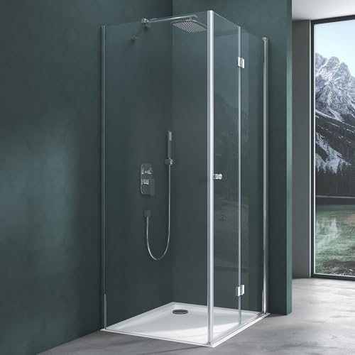 Mai & Mai Duschkabine Komplett Duschtasse Falttür 90x90x190cm ESG 180° Klappbar & Faltbar Mit Hebe- und Senkmechaniamus Lotus-Effekt NANO Eckeinstieg R27