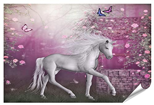 islandburner XXL Bild Poster Einhorn Fee Fantasie Mondschein Feengarten Für Mädchen Kinderzimmer Premium Bilder Fotodruck
