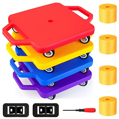 4 Pack Sports Scooter Board with Handles, Floor Sitting Scooter Board with Non-Marring Plastic Casters for Kids Gym Indoor Outdoor Play, 12 Inches