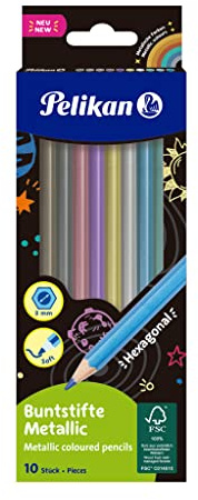 Pelikan Buntstifte Metallic, 10 Farben, sechseckige Malstifte aus Holz, bruchsichere Mine, 701235
